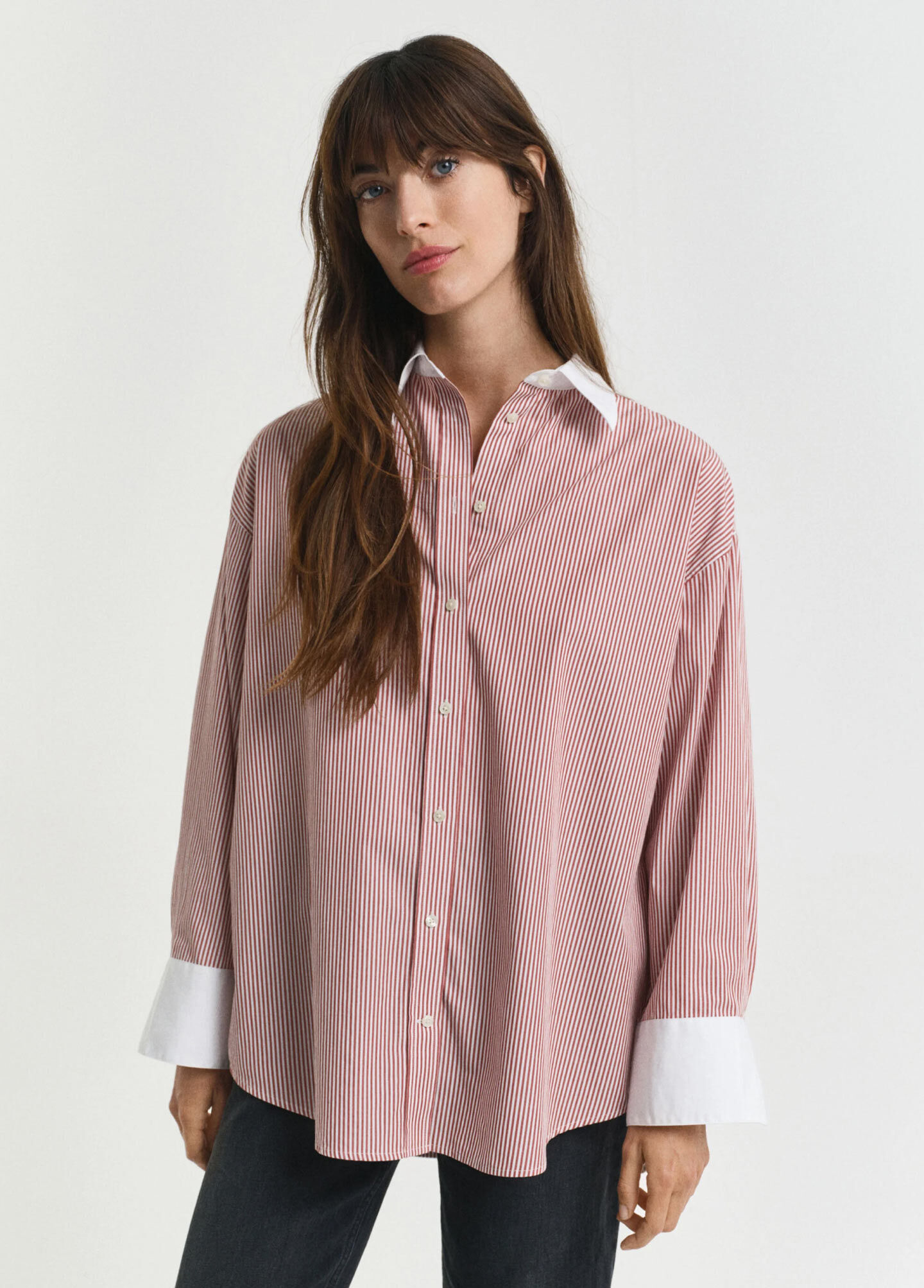 Oversized Contrast Collar Striped Shirt