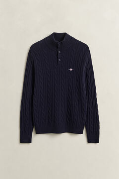 Lambswool Cable Knit Half-Buttoned Sweater — EVENING BLUE 1