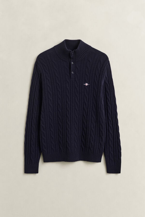 Lambswool Cable Knit Half-Buttoned Sweater — EVENING BLUE