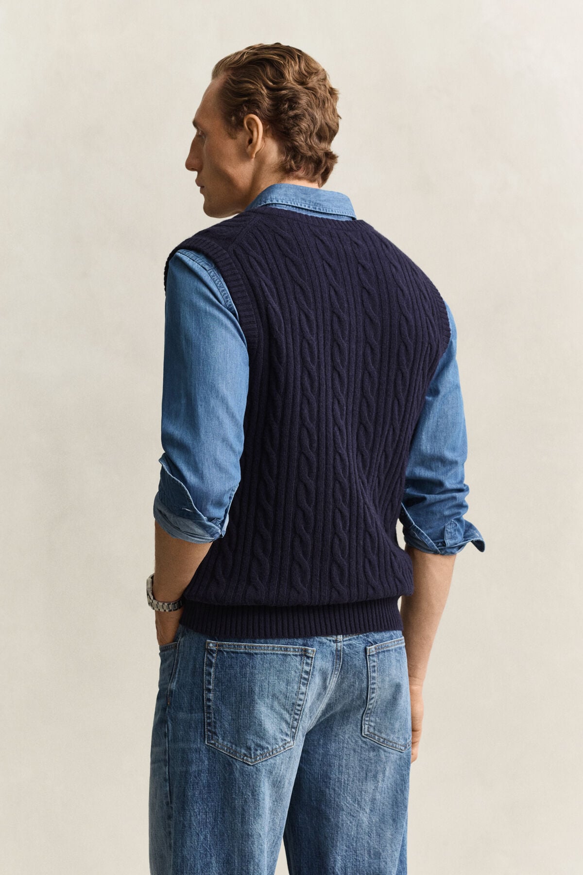 Lambswool Cable Knit Vest — EVENING BLUE