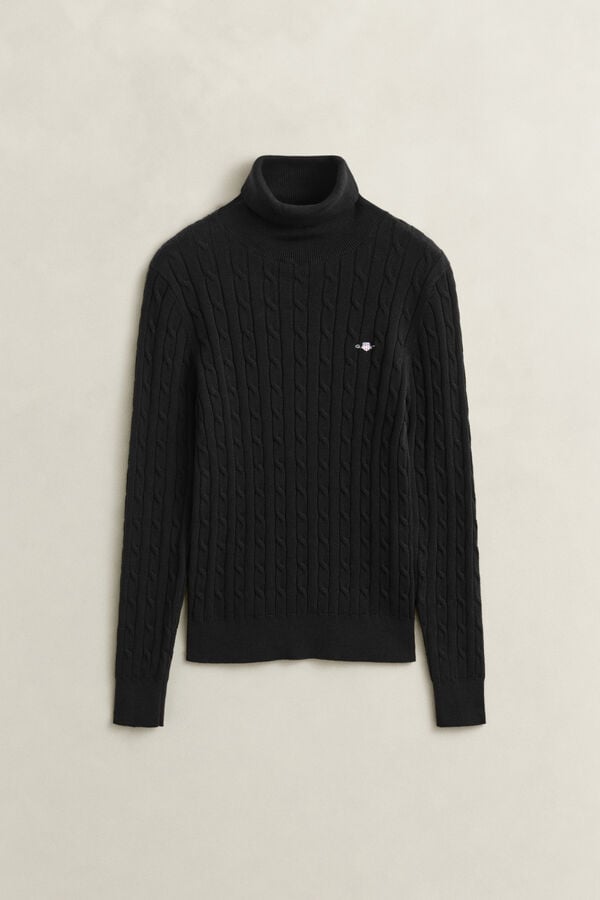 Stretch Cotton Cable Knit Turtleneck Sweater — BLACK