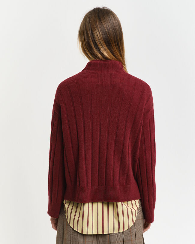 Wide Ribbed Wool Stand Collar Sweater