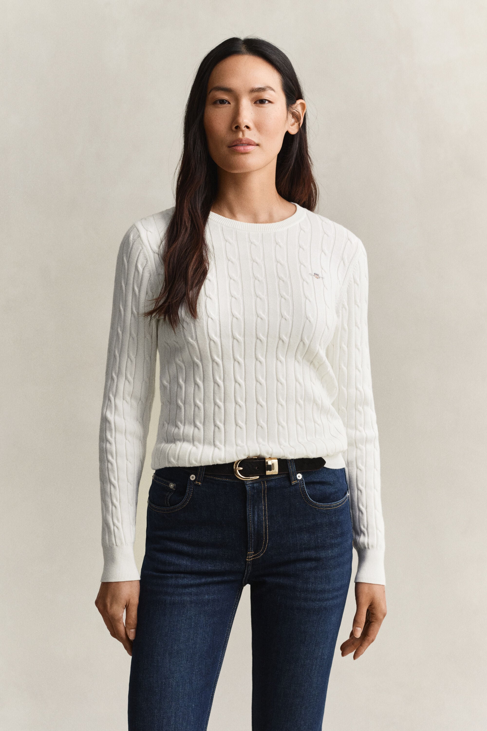 Stretch Cotton Cable Knit Crew Neck Sweater