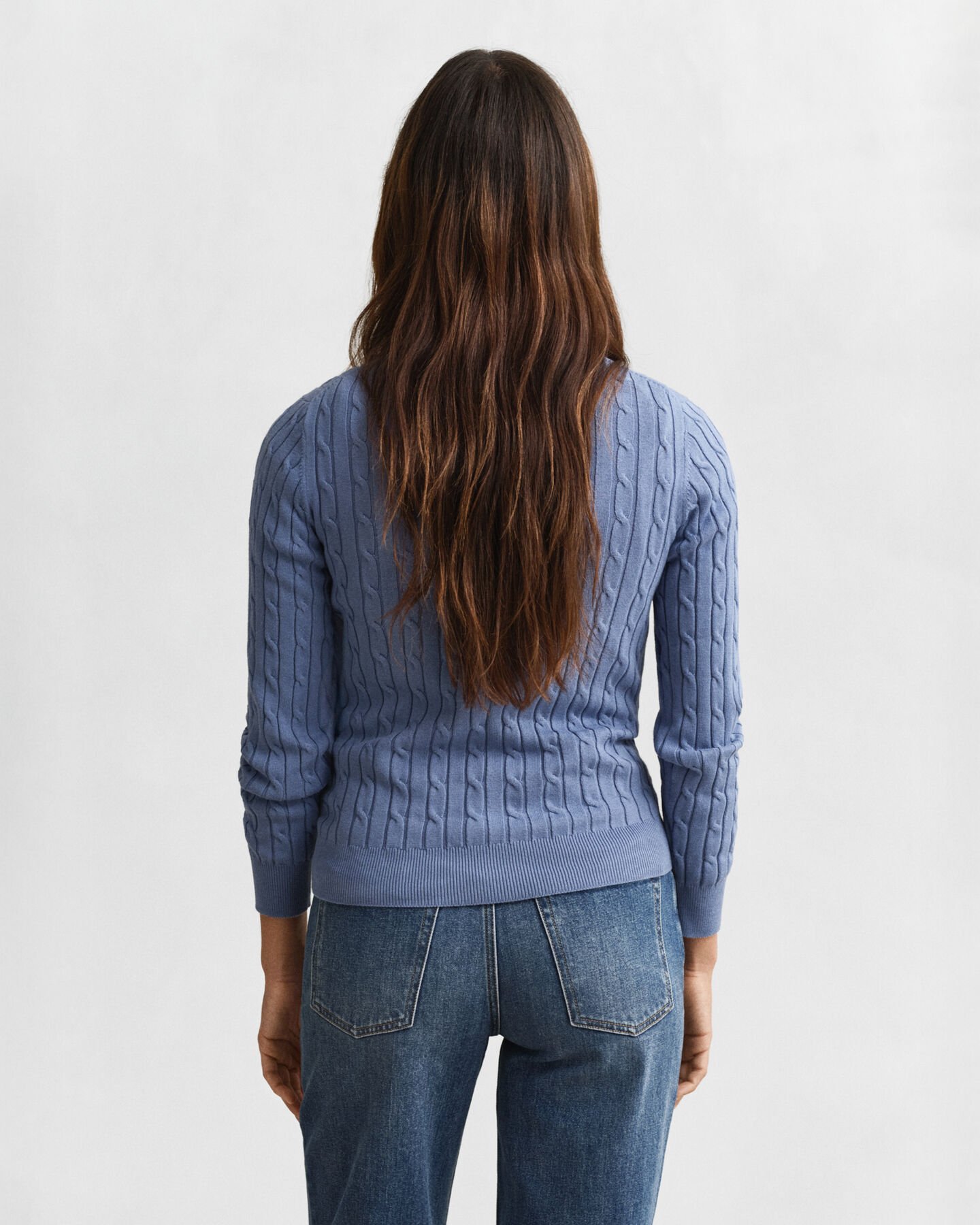 Stretch Cotton Cable Knit Crew Neck Sweater