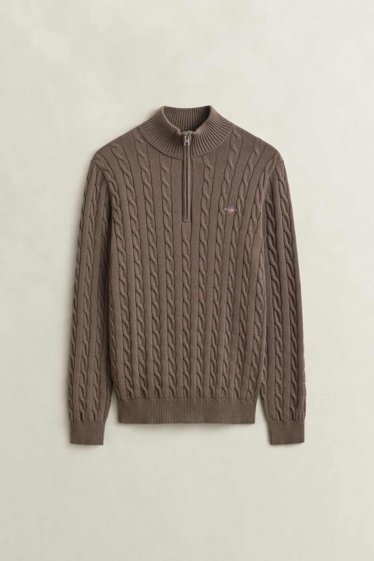 Cotton Cable Knit Half-Zip Sweater — FADED TAUPE