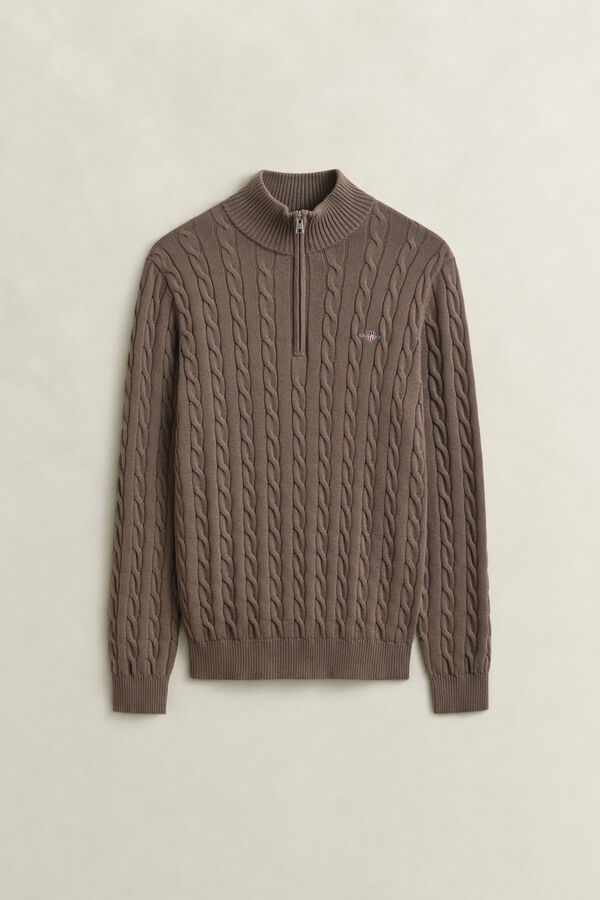 Cotton Cable Knit Half-Zip Sweater — FADED TAUPE