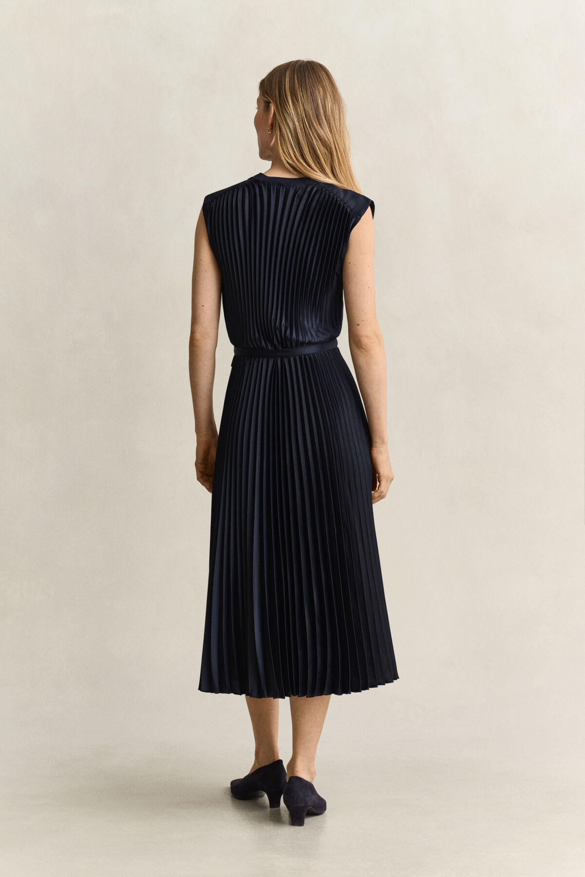 Pleated Belted Dress — EVENING BLUE