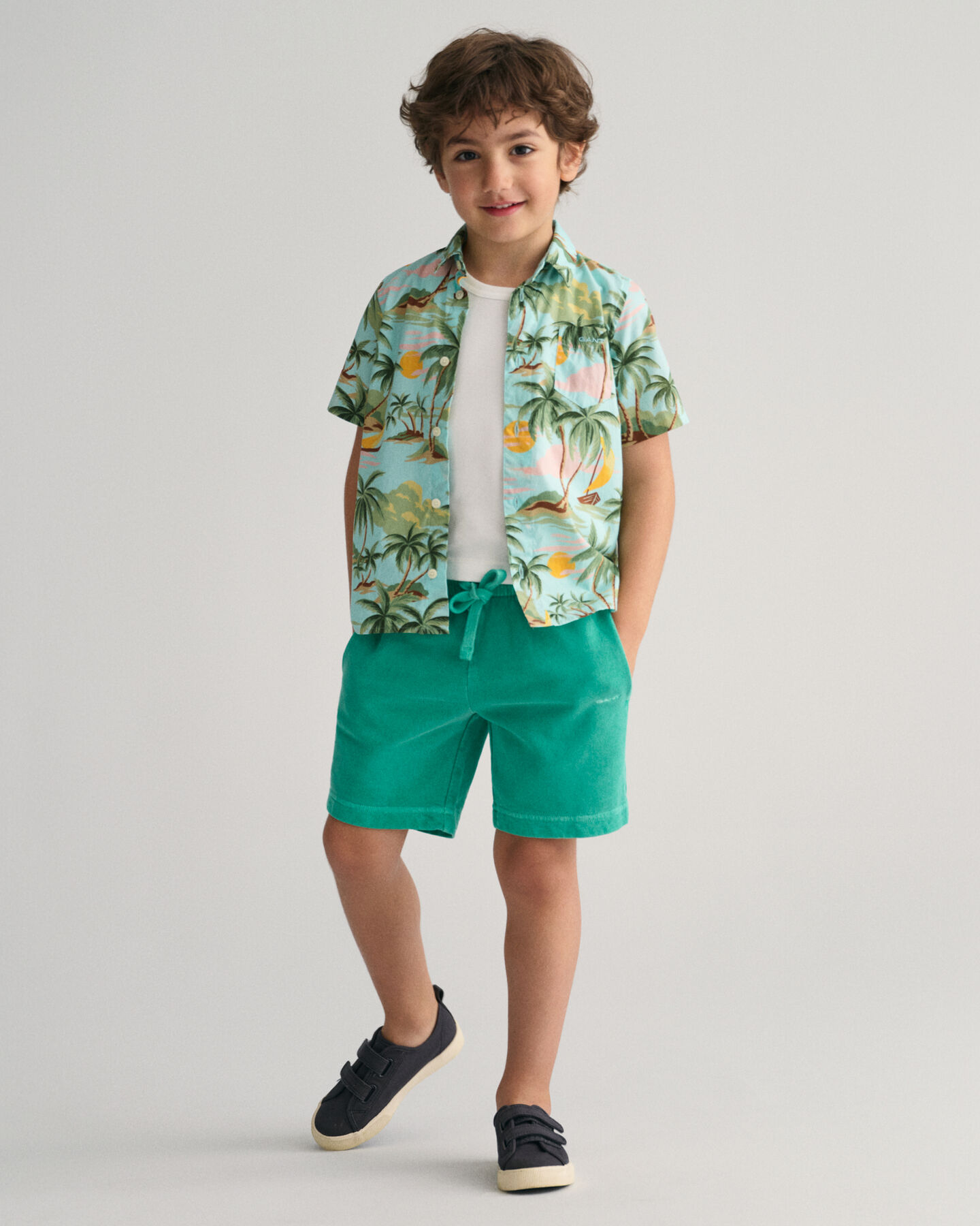 Kids Palm Print Cotton Short Sleeve Shirt