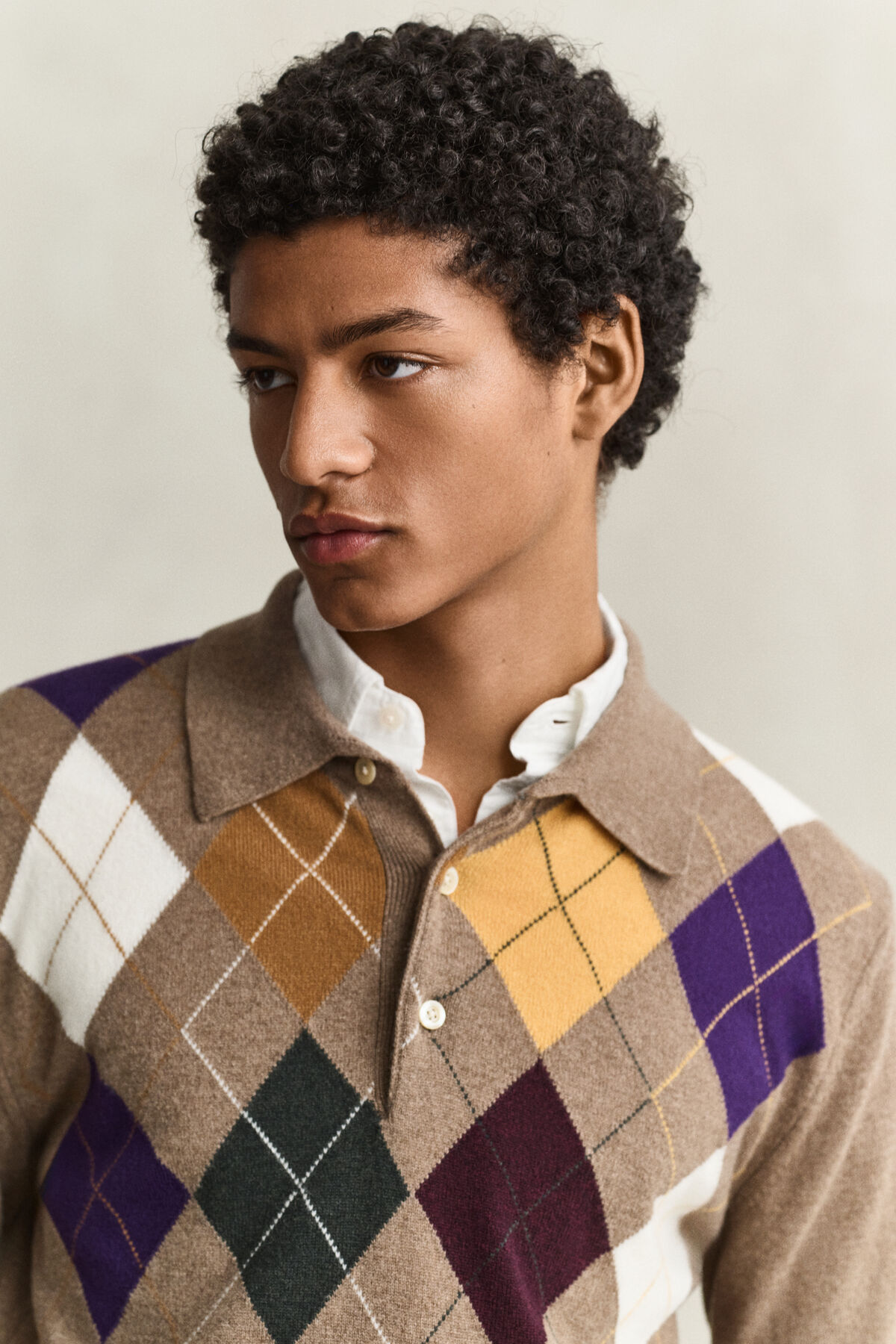 Superfine Lambswool Argyle Polo Sweater — LIGHT BROWN MELANGE