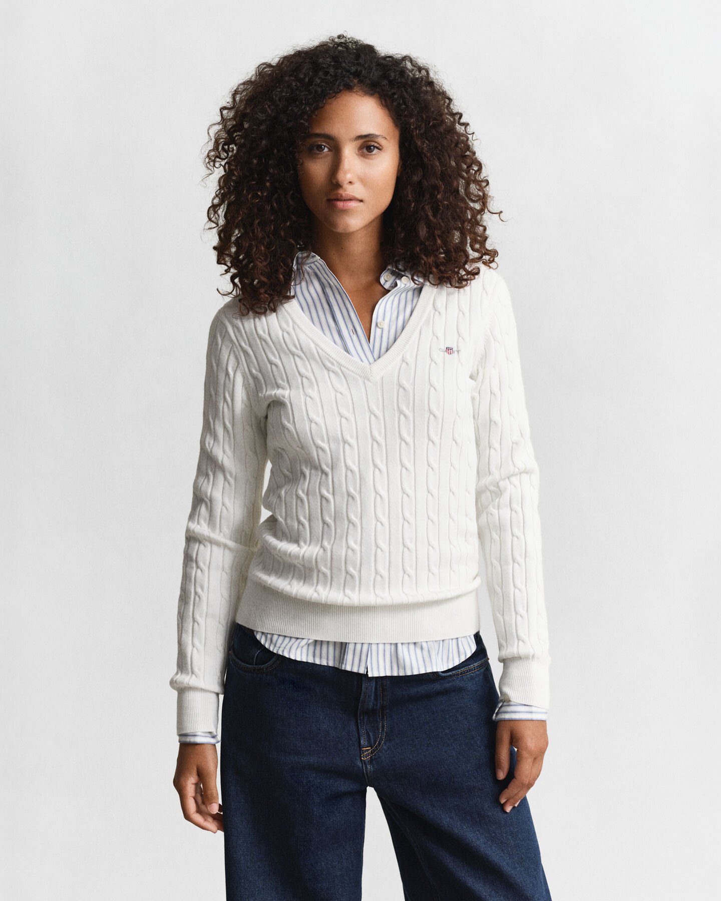 Stretch Cotton Cable Knit V-Neck Sweater