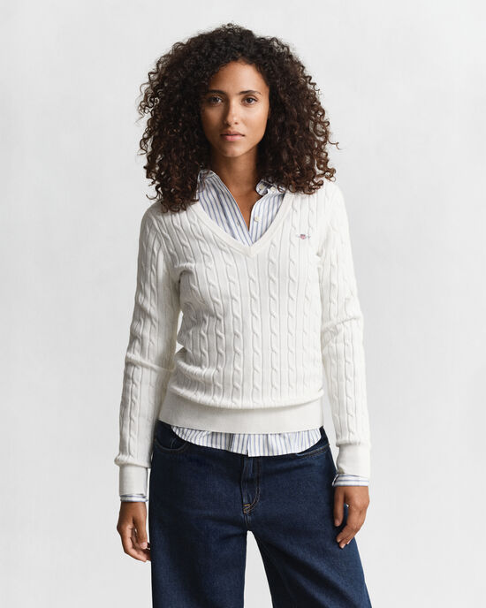 Stretch Cotton Cable Knit V-Neck Sweater