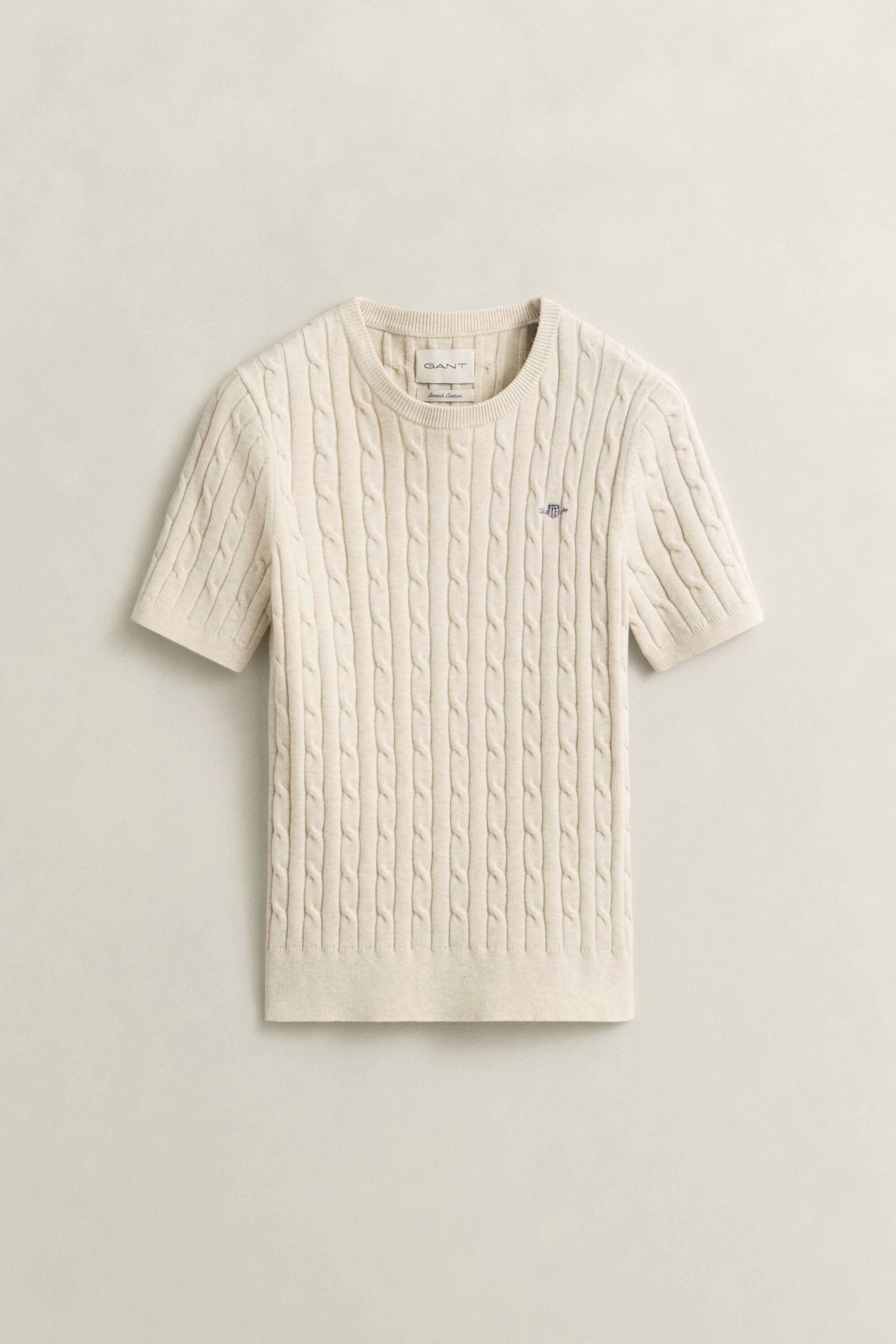 Stretch Cotton Cable Knit Short Sleeve Sweater