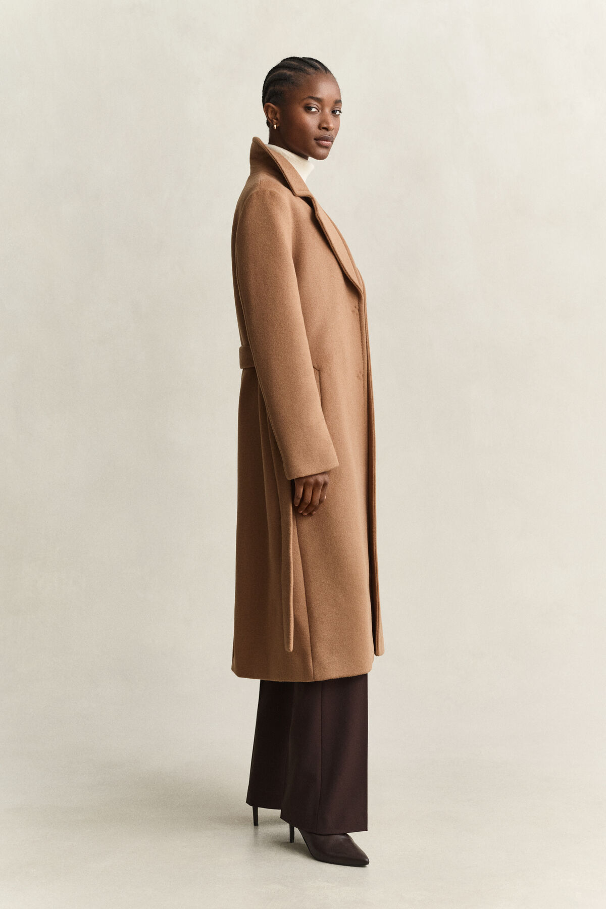 Belted Wool Blend Coat — ROASTED WALNUT