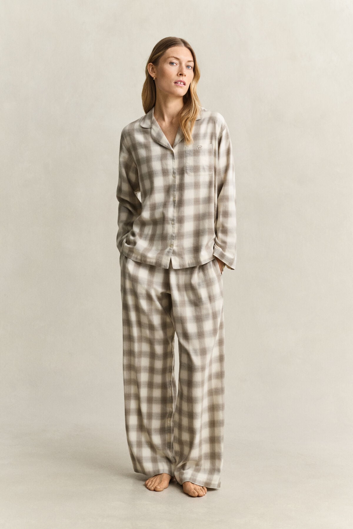 Checked Flannel Pajama Set — MIST TAUPE