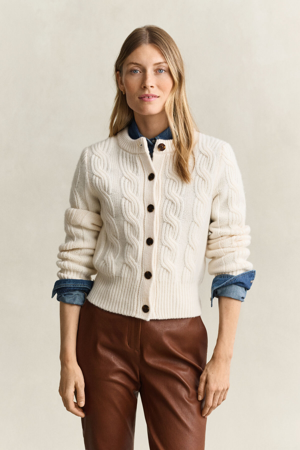 Wool Blend Cable Knit Cardigan — CREAM
