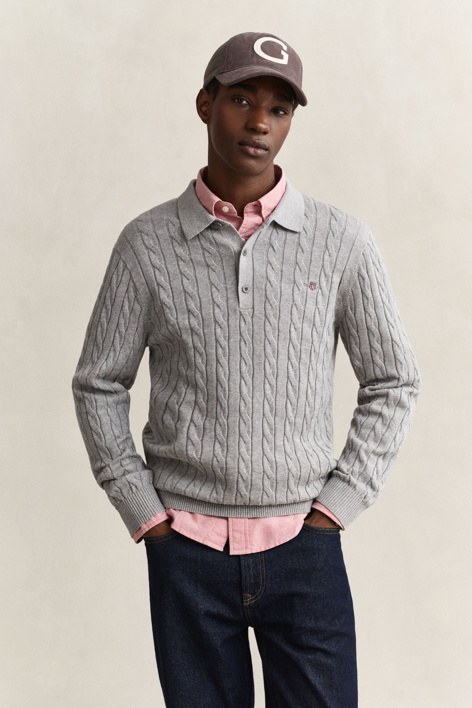 Cotton Cable Knit Polo Sweater