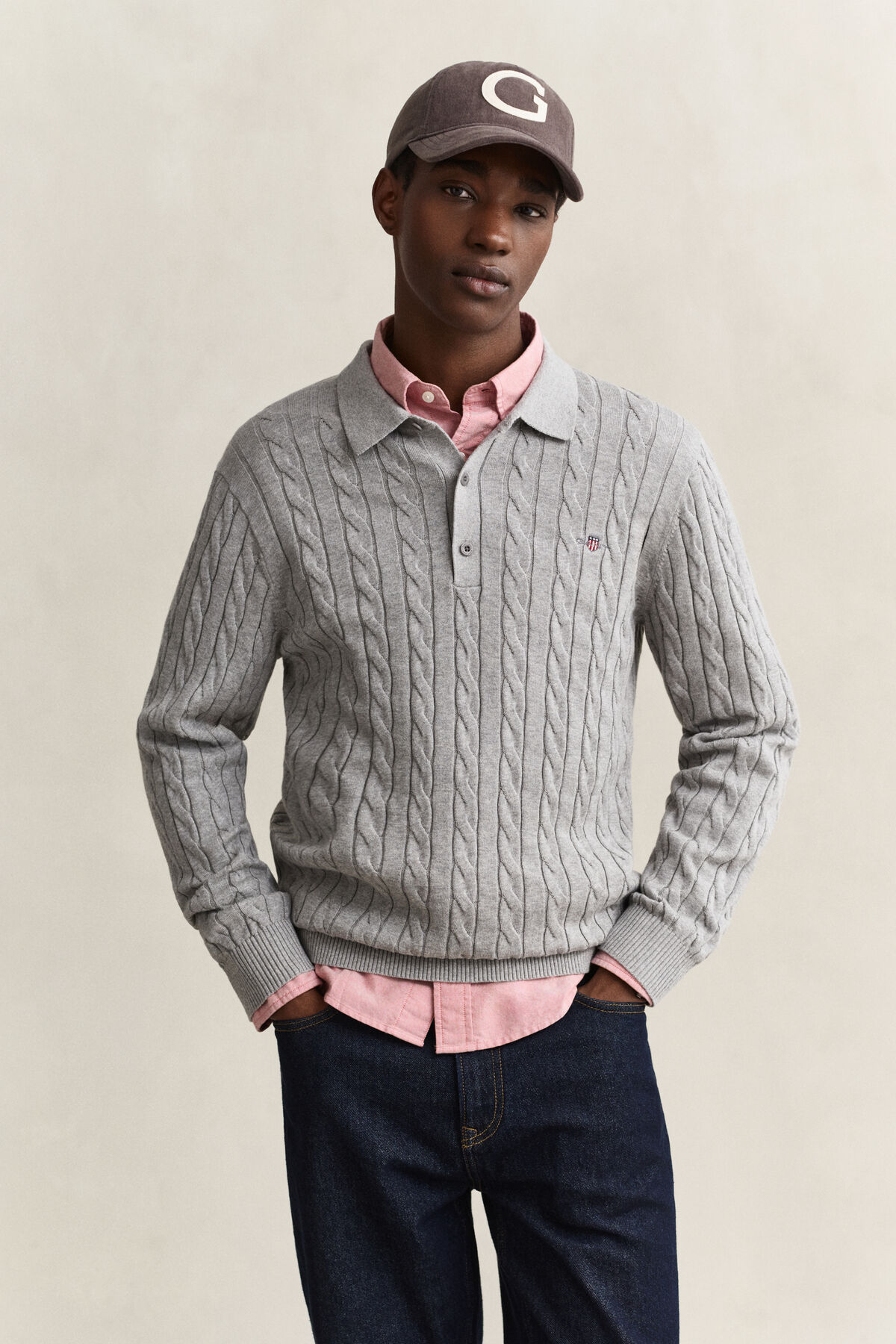 Cotton Cable Knit Polo Sweater — GREY MELANGE