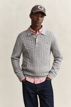 Cotton Cable Knit Polo Sweater — GREY MELANGE 4