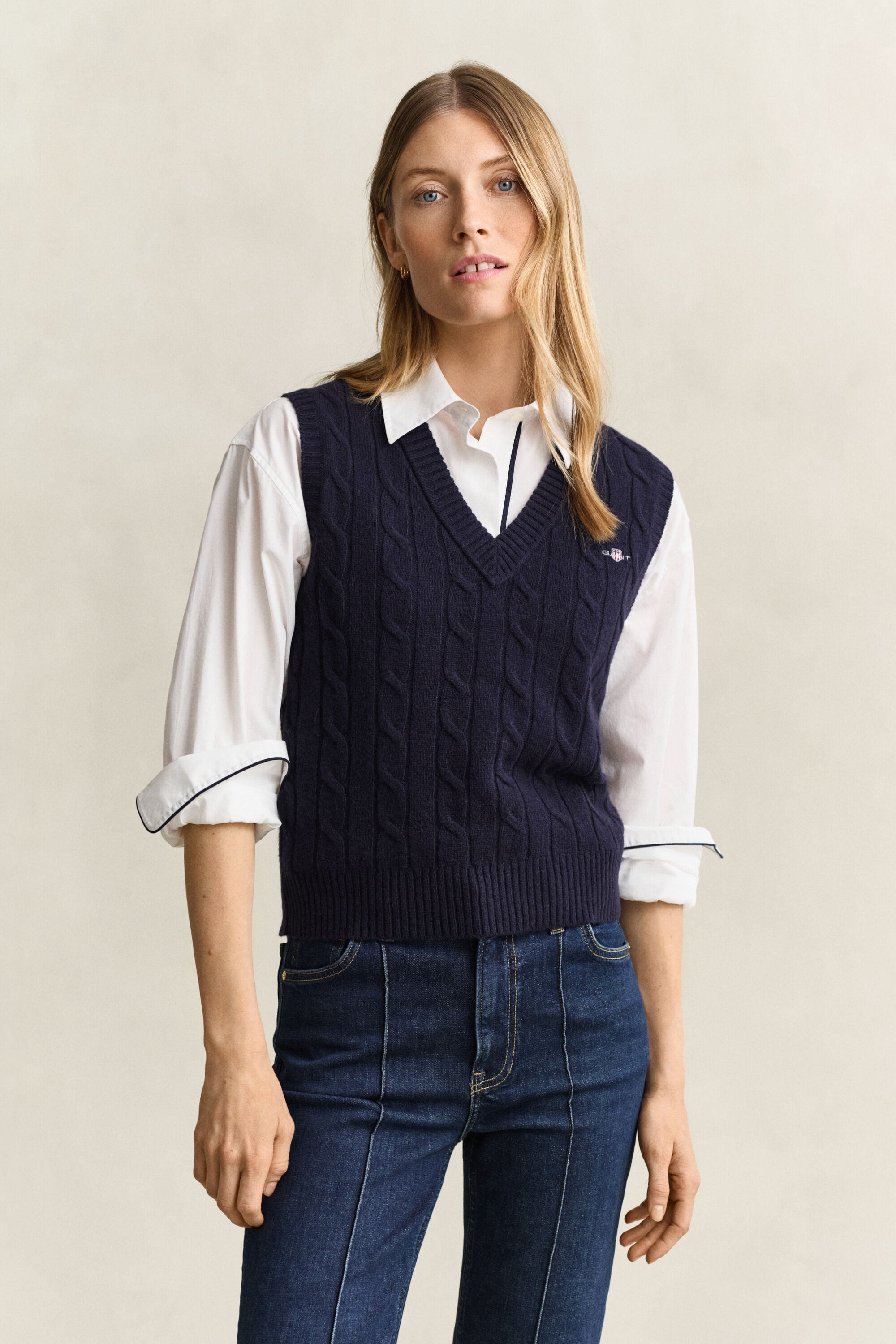 Lambswool Cable Knit Vest — EVENING BLUE
