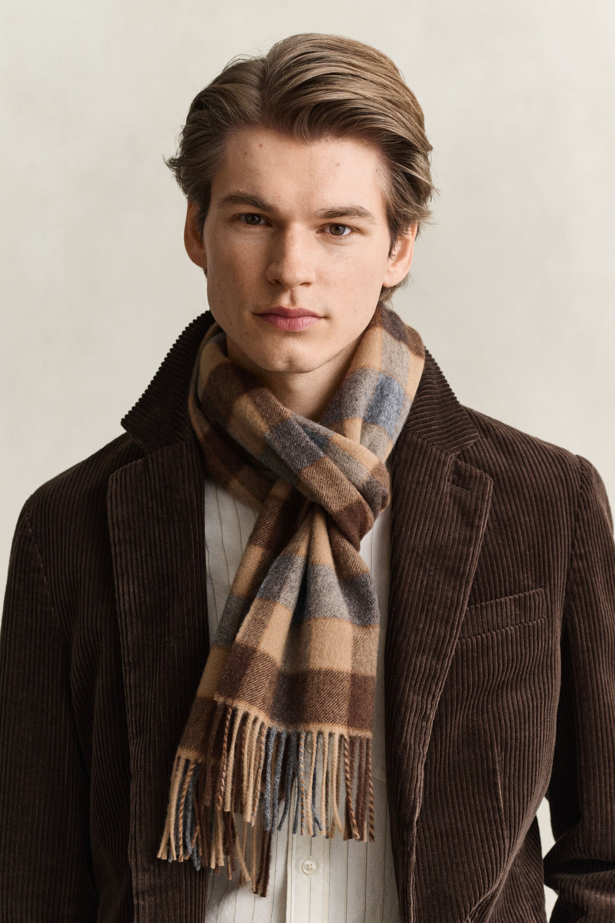 Checked Wool Scarf — WARM KHAKI