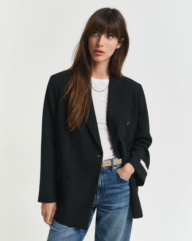 Relaxed Fit Double Breasted Wool Blend Hopsack Blazer