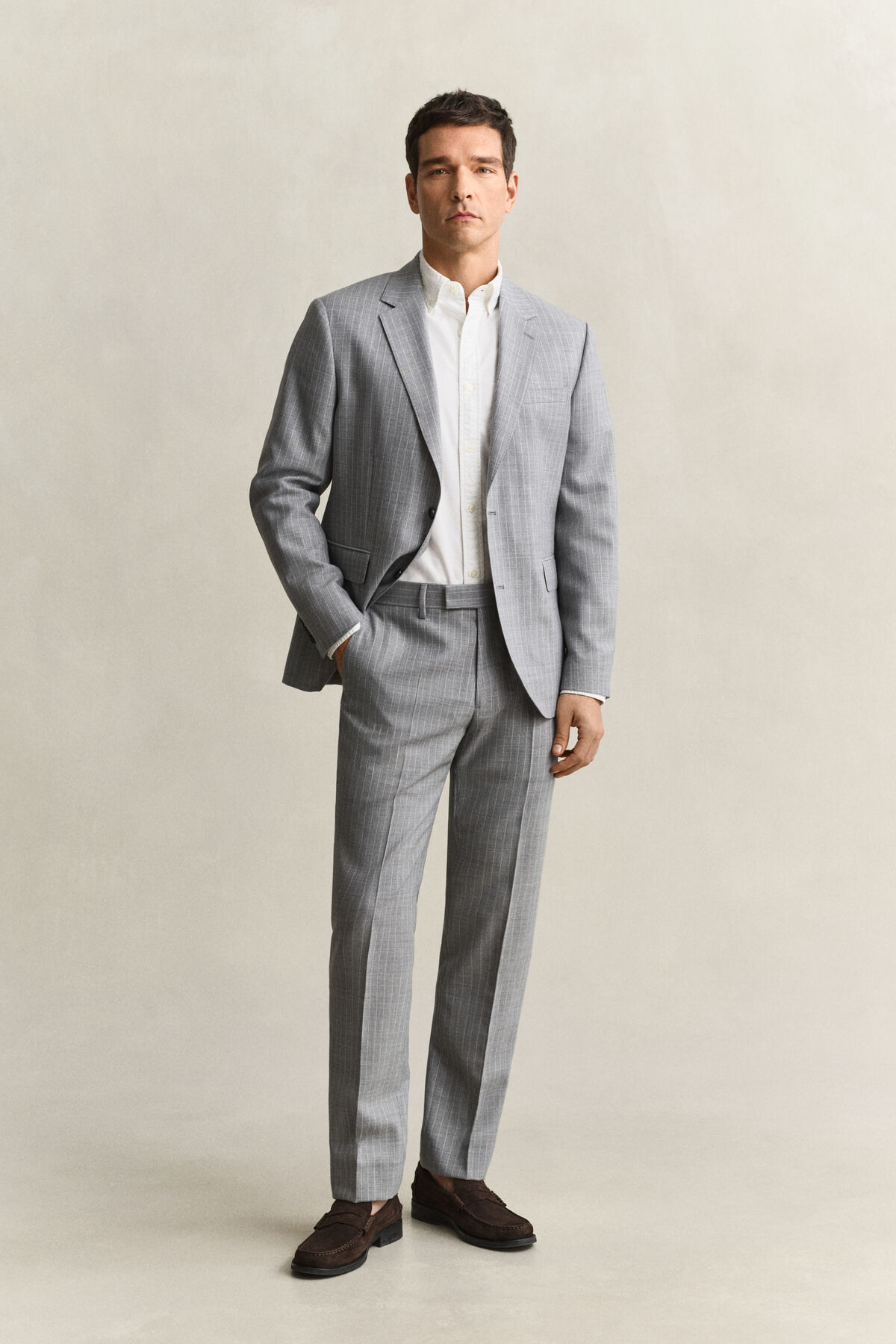Pinstriped Suit Jacket — GREY MELANGE