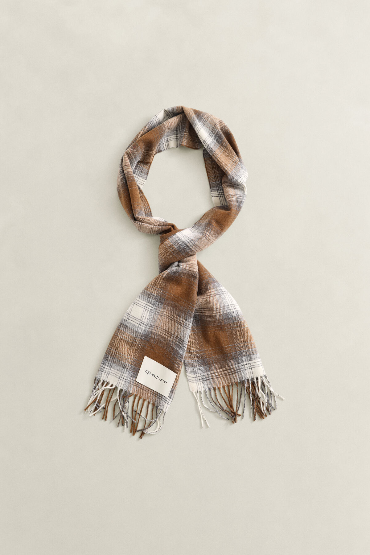 Checked Wool Scarf — CARAMEL BROWN