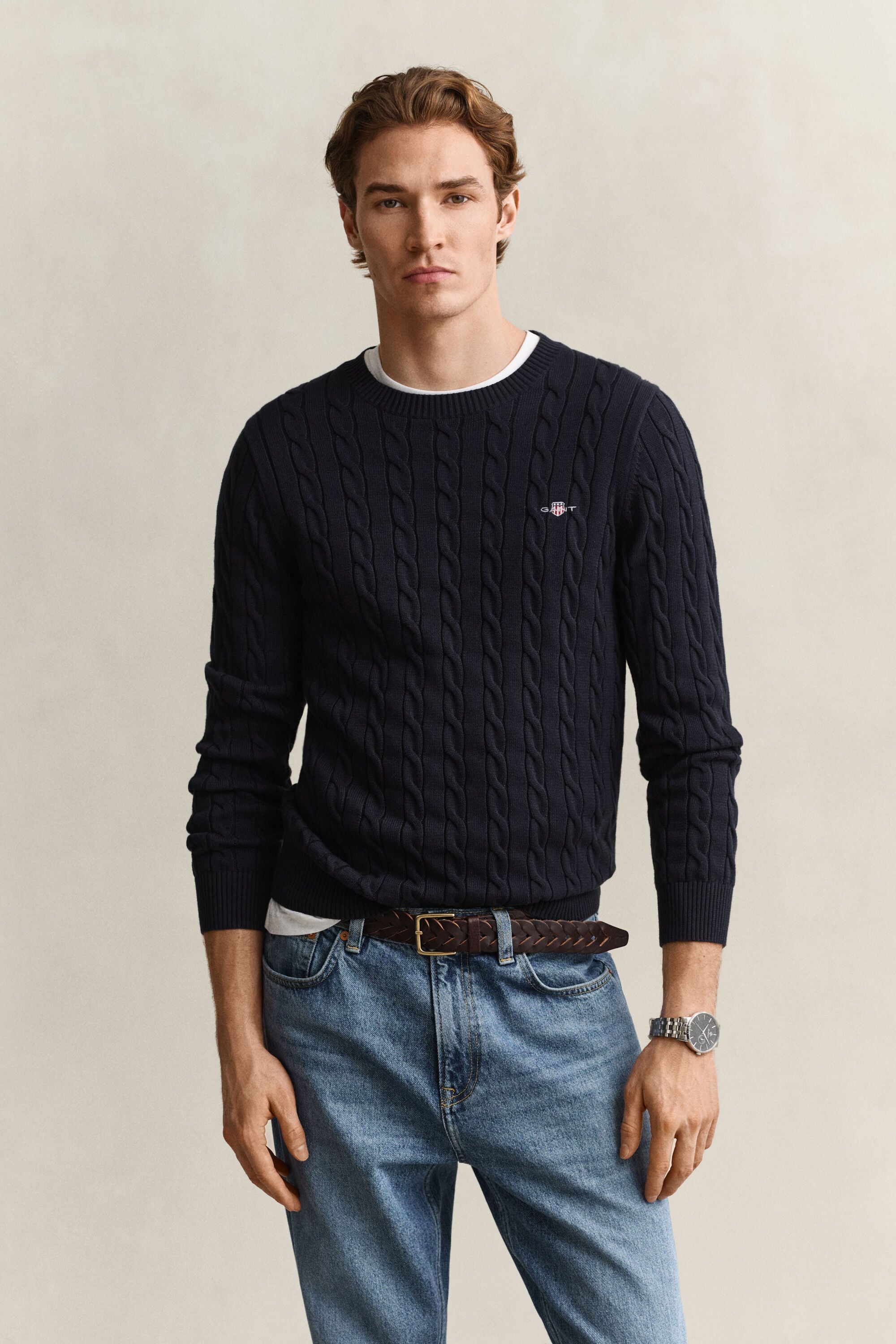 Cotton Cable Knit Crew Neck Sweater