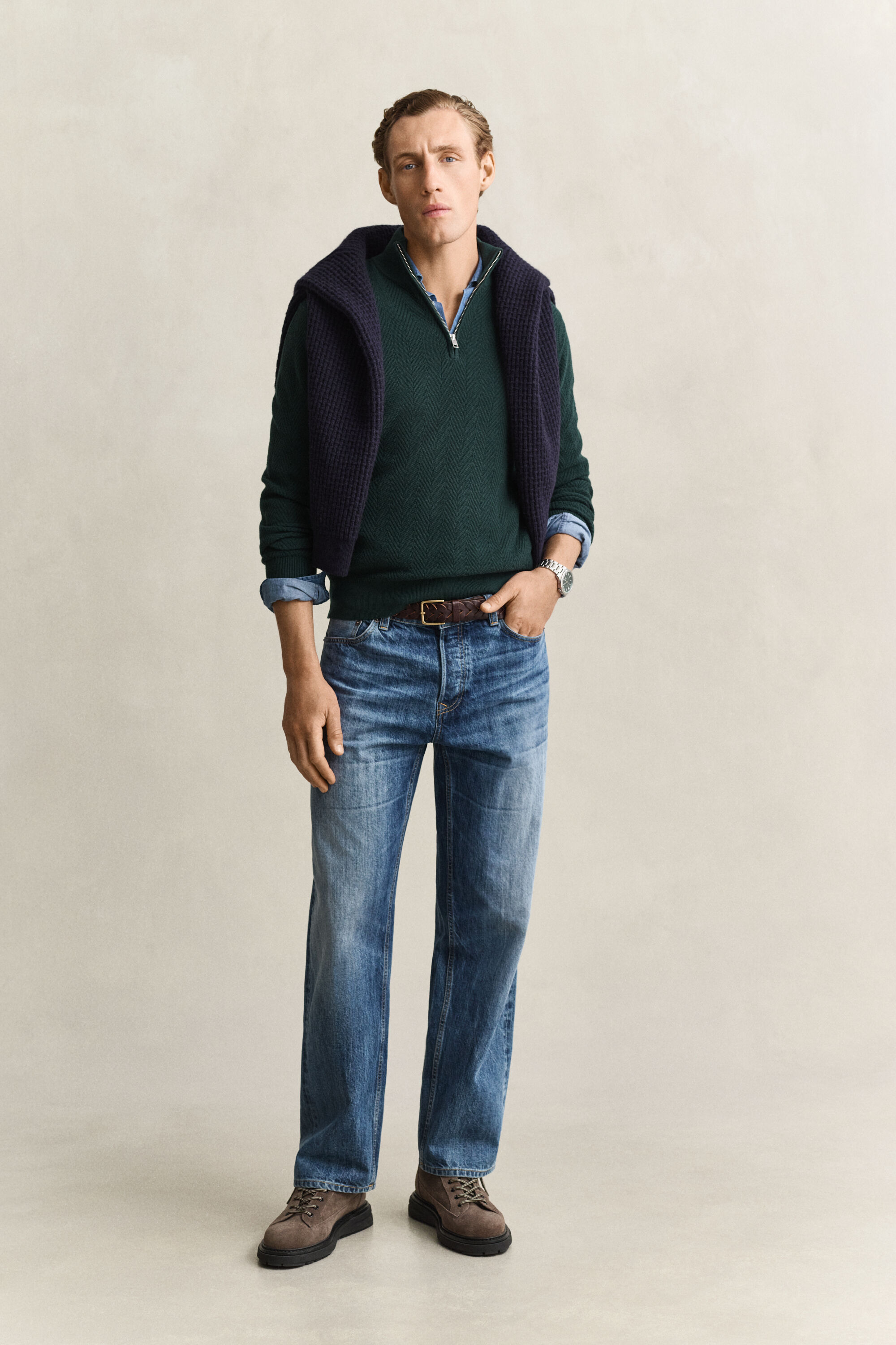 Herringbone Half-Zip Sweater — TARTAN GREEN