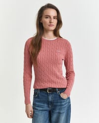 Stretch Cotton Cable Knit Crew Neck Sweater