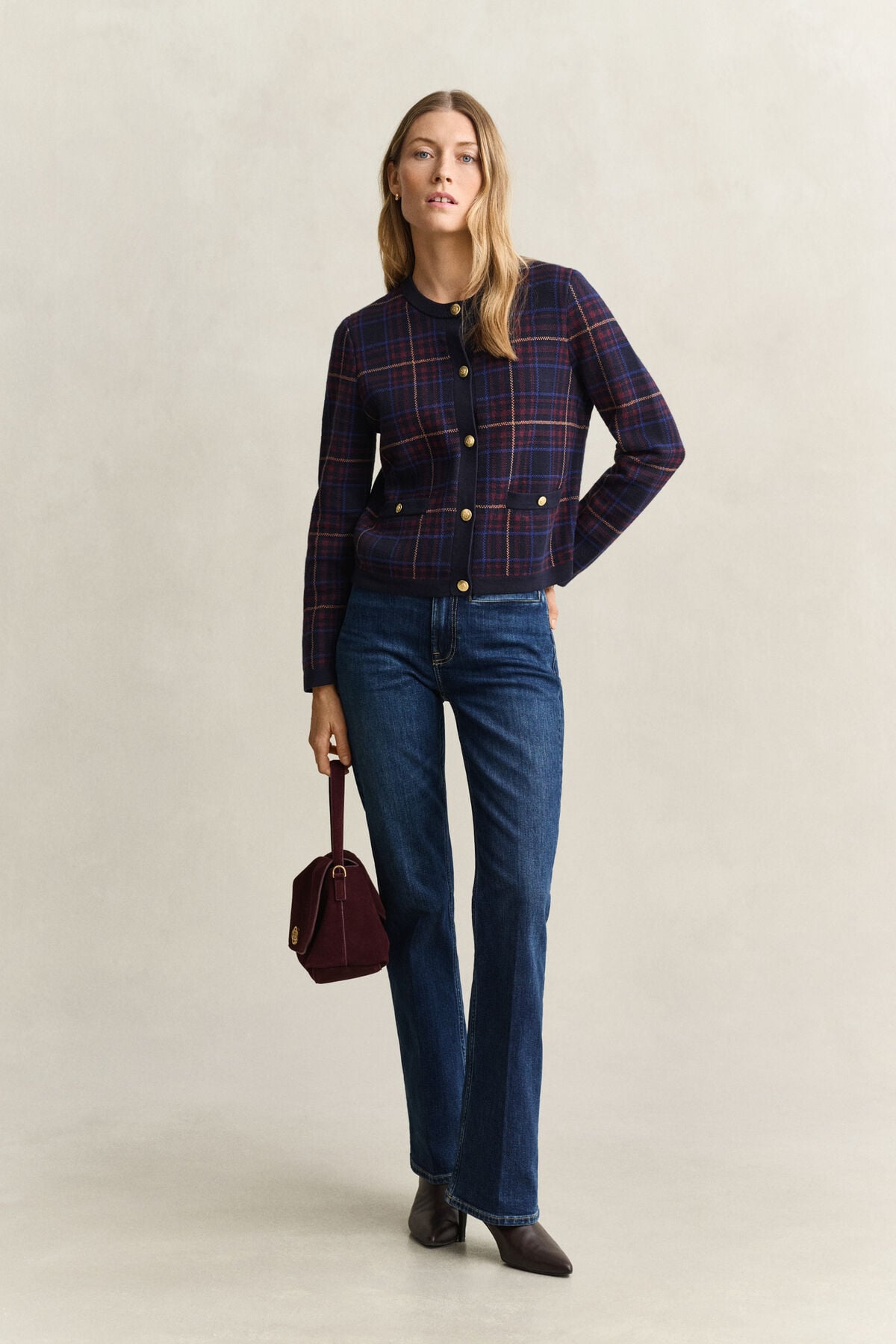 Knitted Check Cardigan — EVENING BLUE