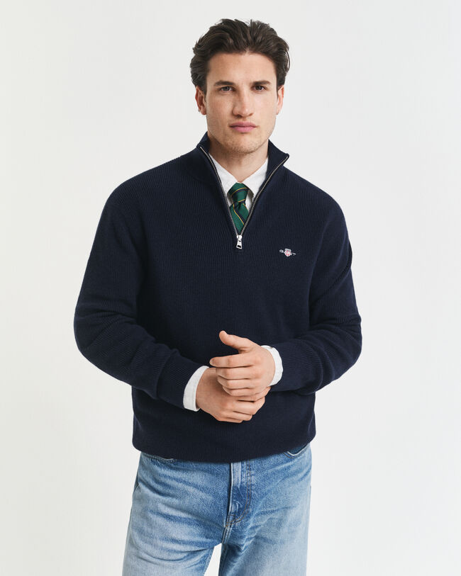 Ribbed Cotton Merino Wool Half-Zip Sweater