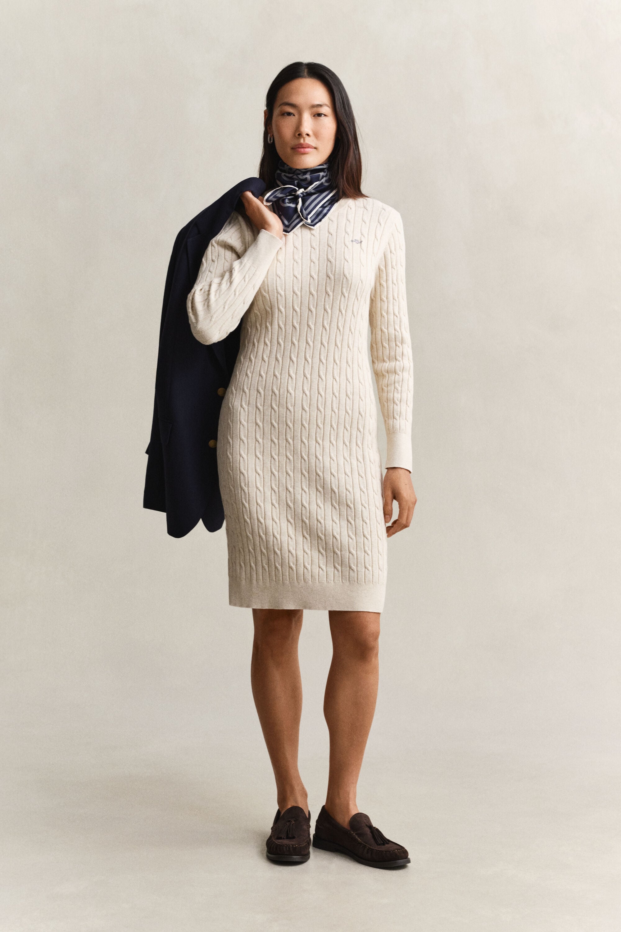Stretch Cotton Cable Knit Crew Neck Dress