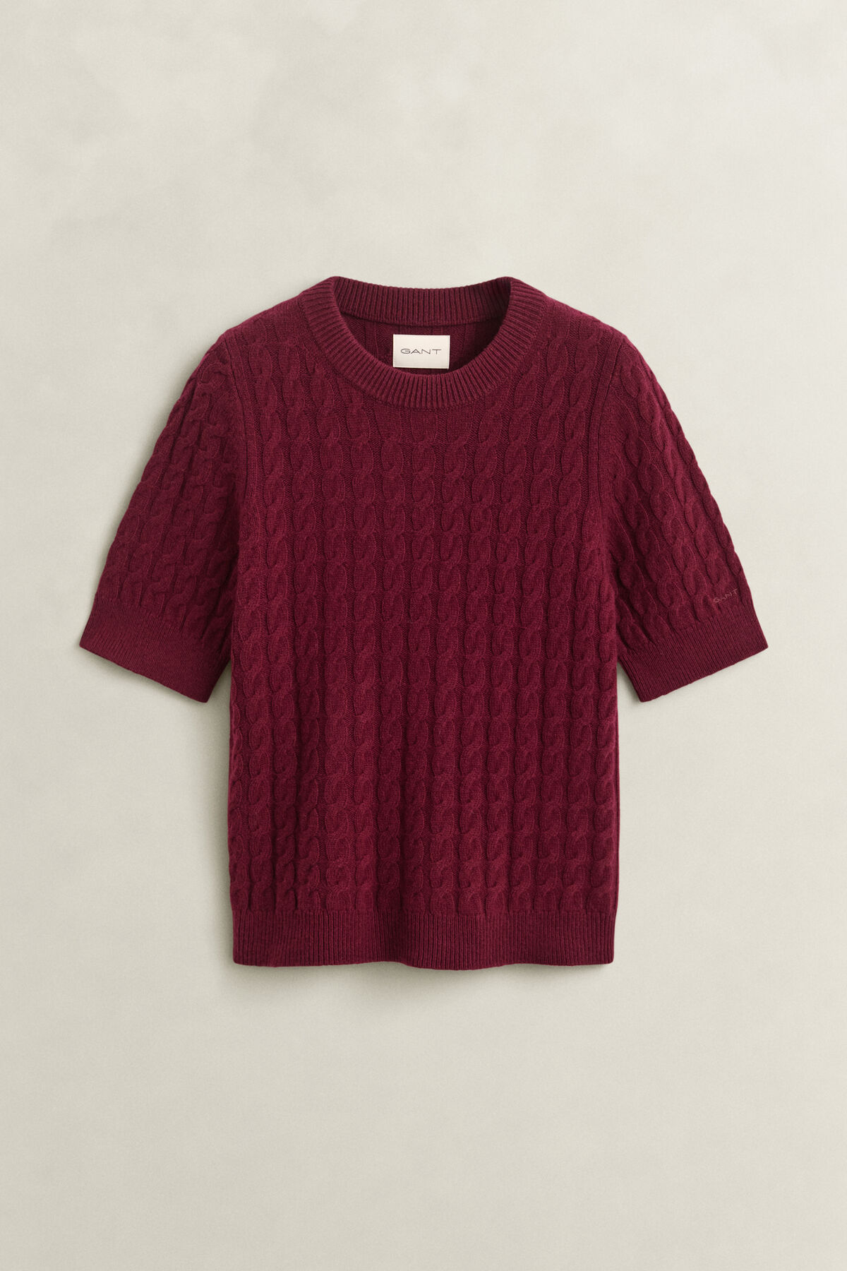 Wool Cashmere Cable Knit Short Sleeve Sweater — DARKENED WINE
