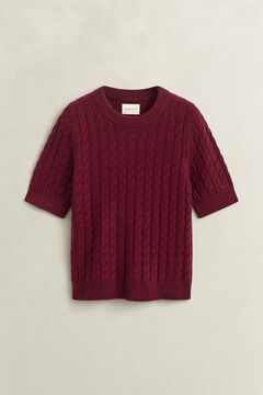 Wool Cashmere Cable Knit Short Sleeve Sweater — DARKENED WINE 1
