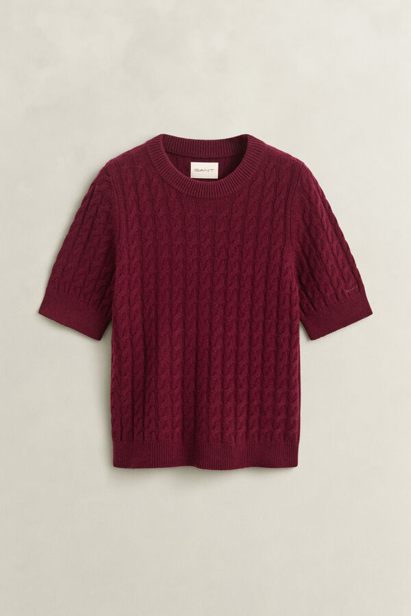 Wool Cashmere Cable Knit Short Sleeve Sweater — DARKENED WINE