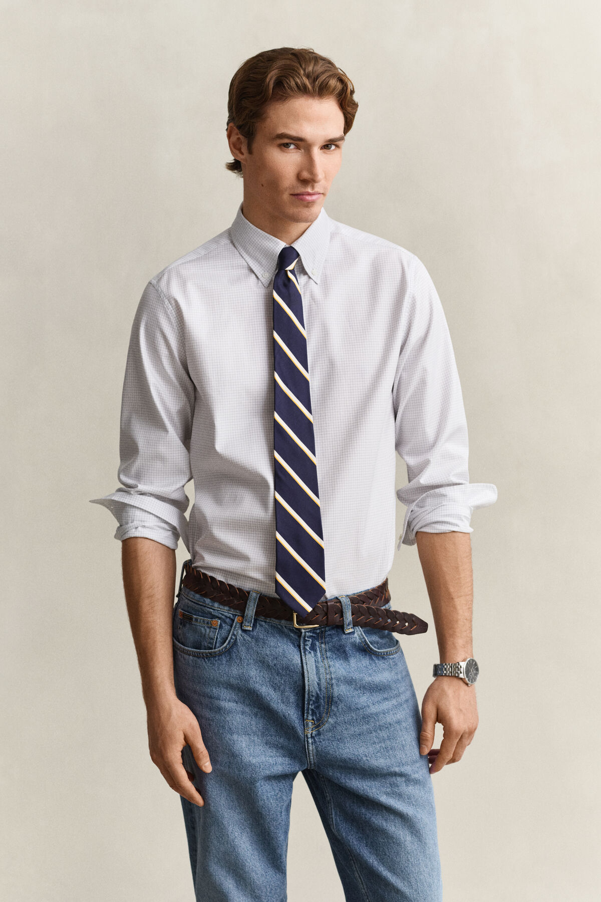 Checked Twill Dress Shirt — WHITE