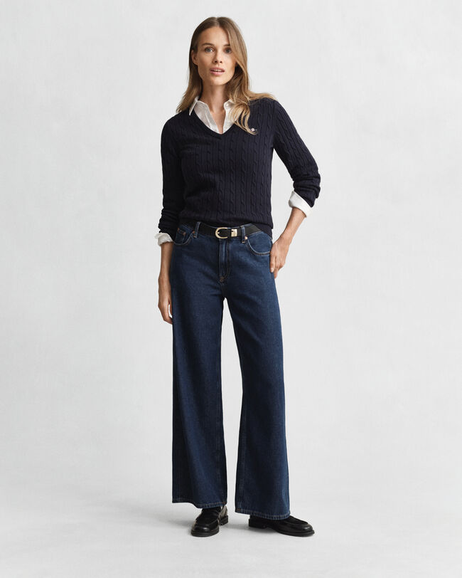 Stretch Cotton Cable Knit V-Neck Sweater