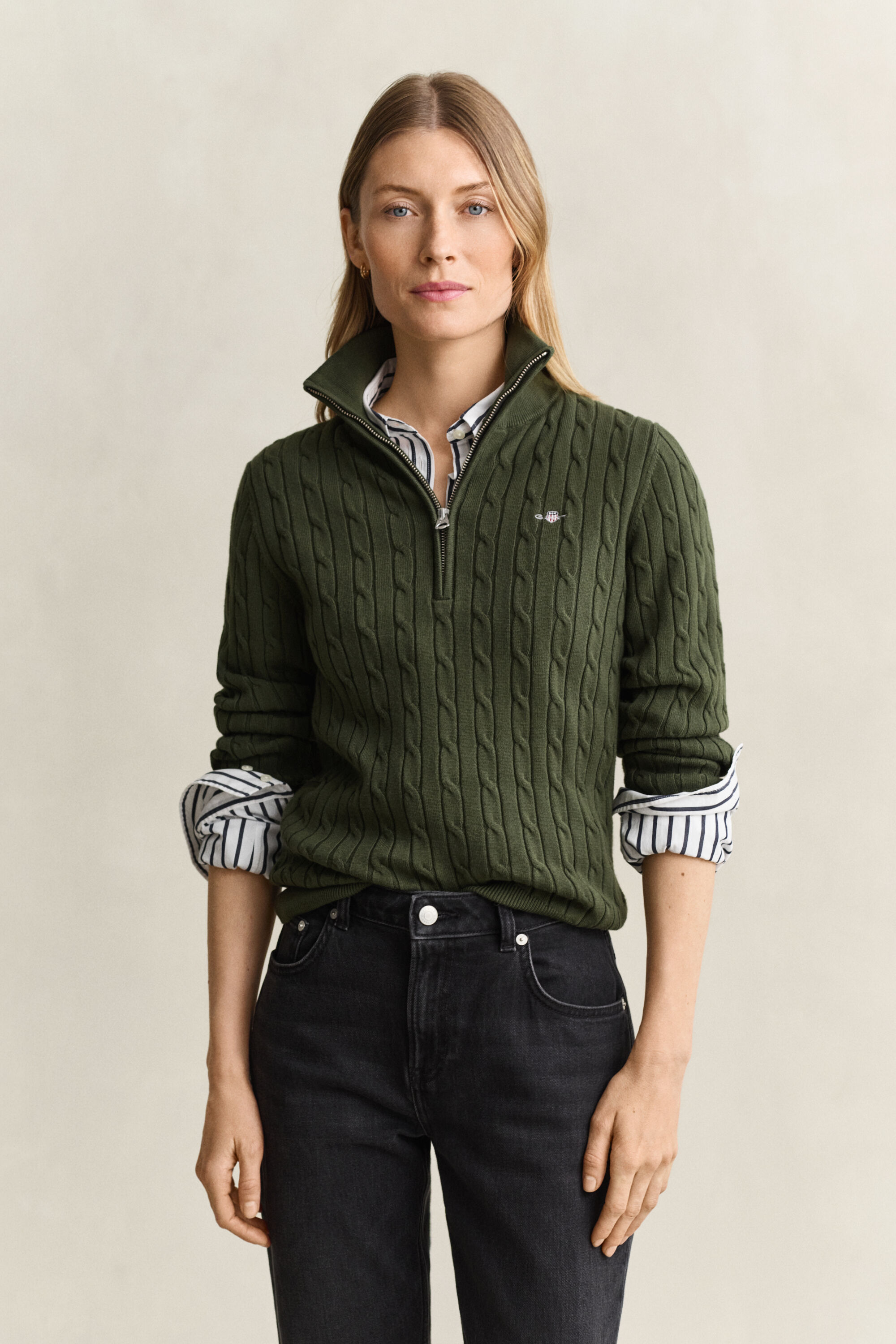 Stretch Cable Knit Half-Zip Sweater