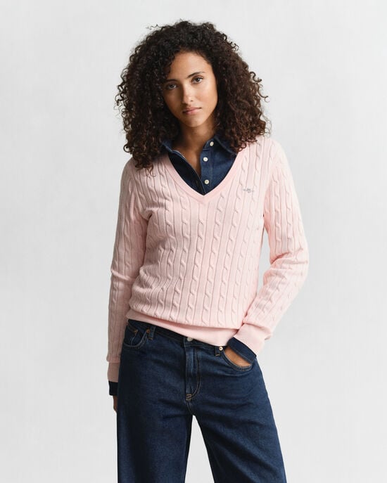Stretch Cotton Cable Knit V-Neck Sweater