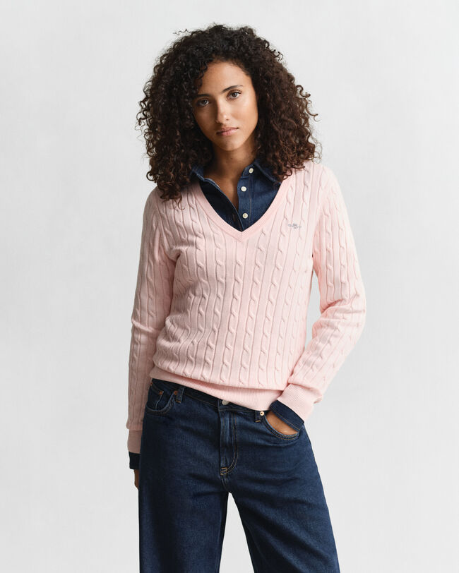 Stretch Cotton Cable Knit V-Neck Sweater