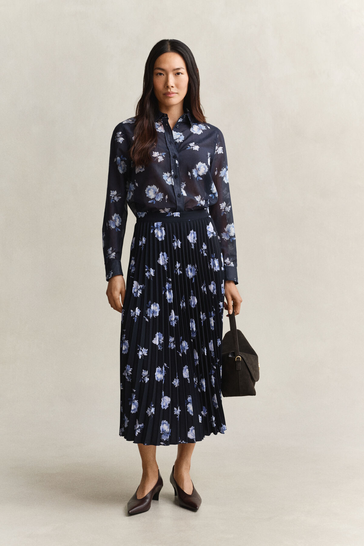 Floral Print Cotton Silk Shirt — EVENING BLUE