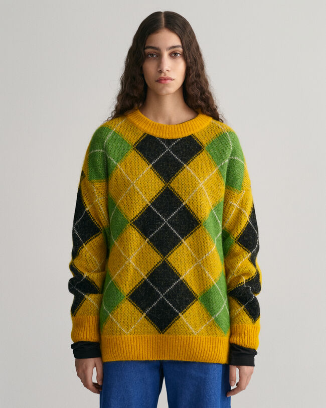 Furry Argyle Crew Neck Sweater