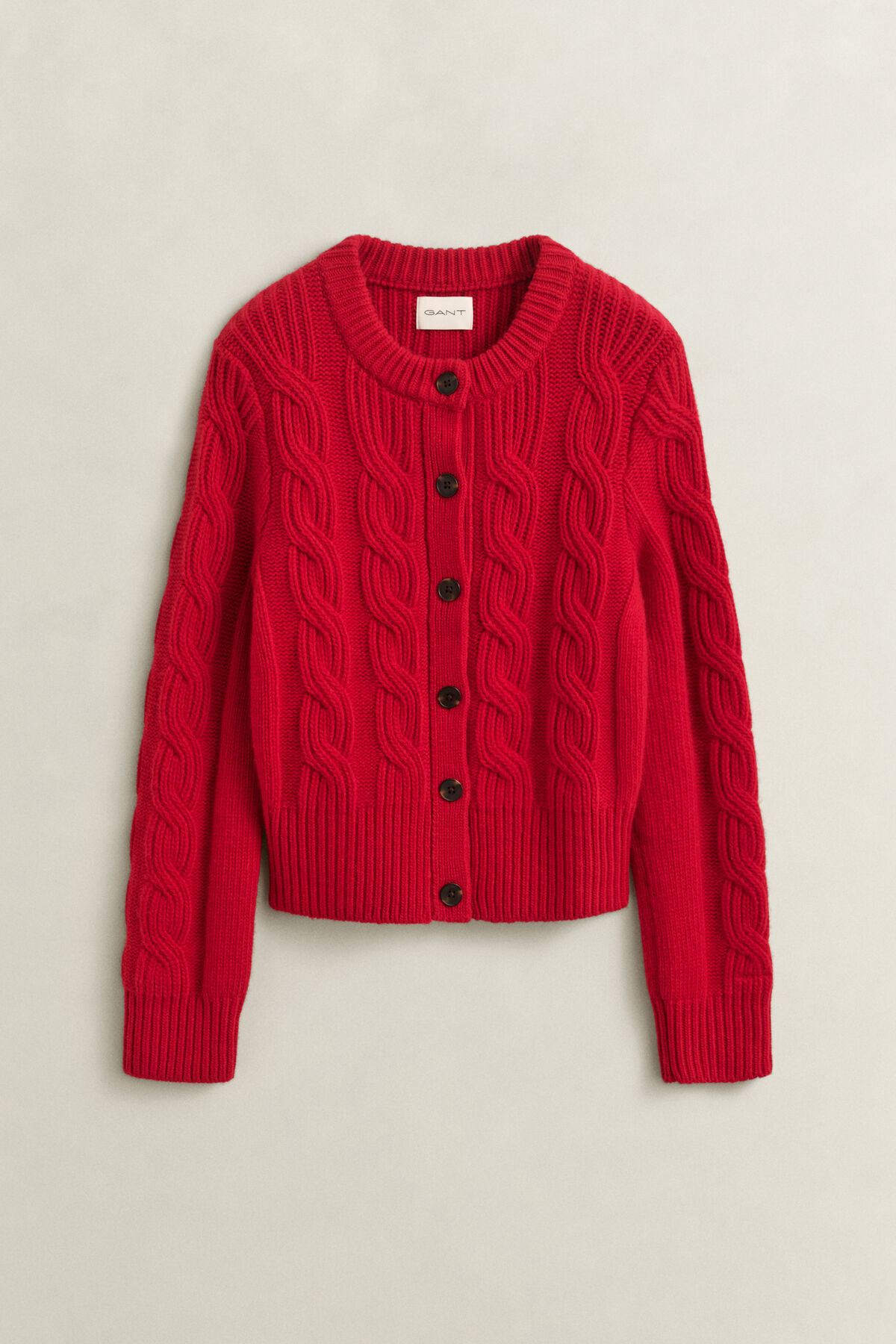 Wool Blend Cable Knit Cardigan — RUBY RED