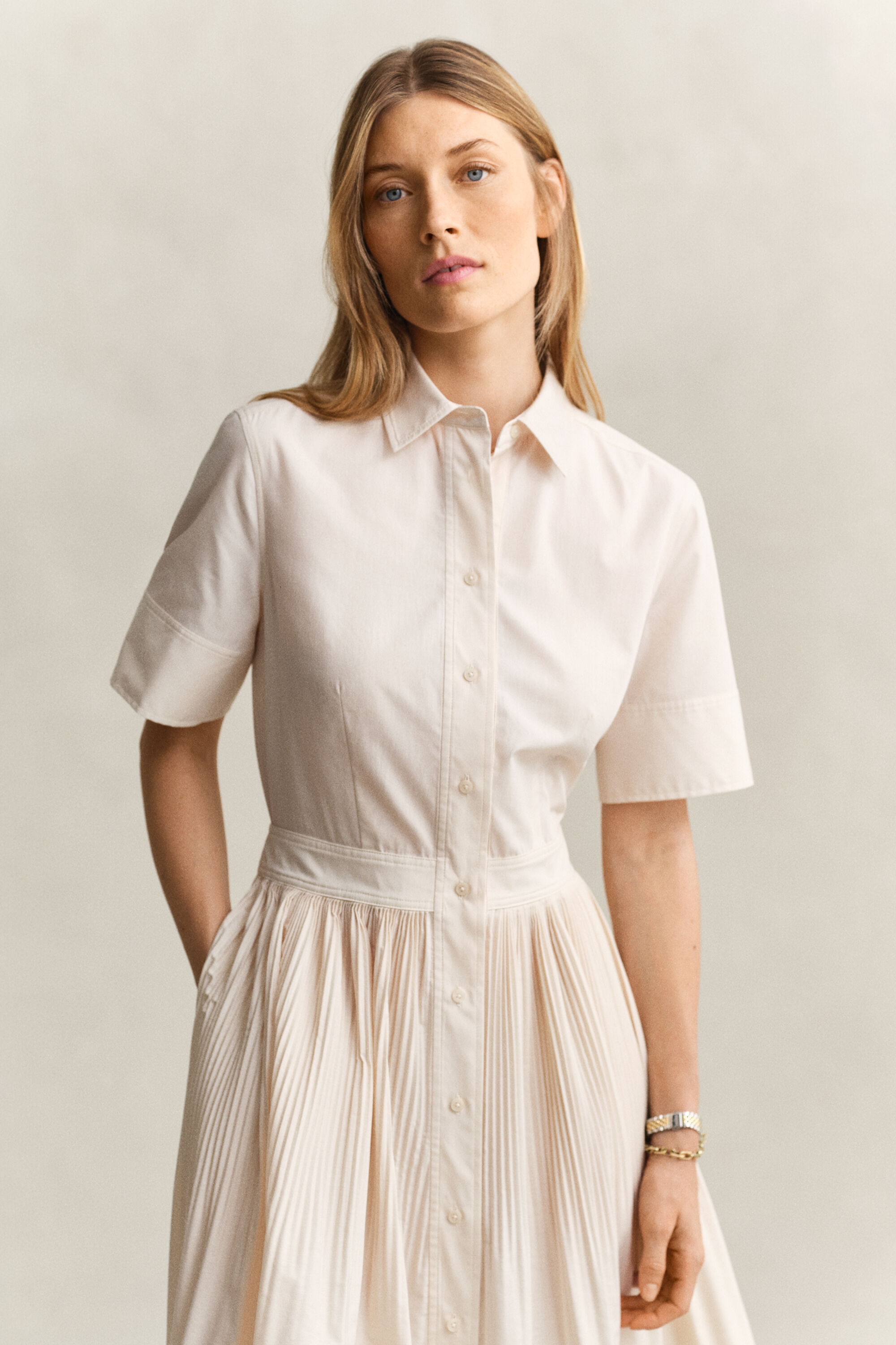 Pleated Cotton Shirt Dress