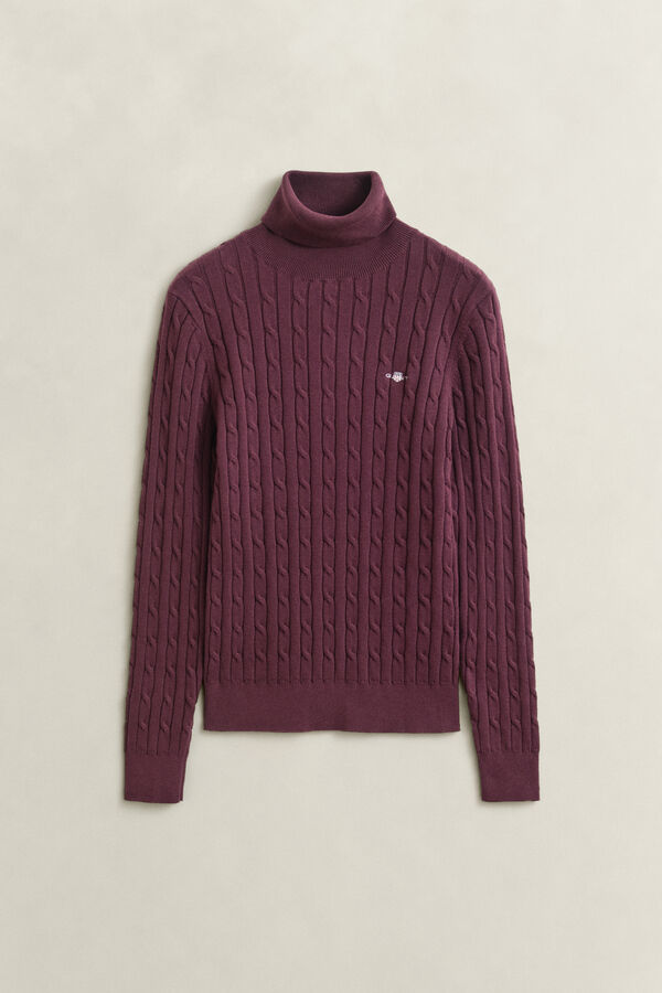 Stretch Cotton Cable Knit Turtleneck Sweater — DARKENED WINE