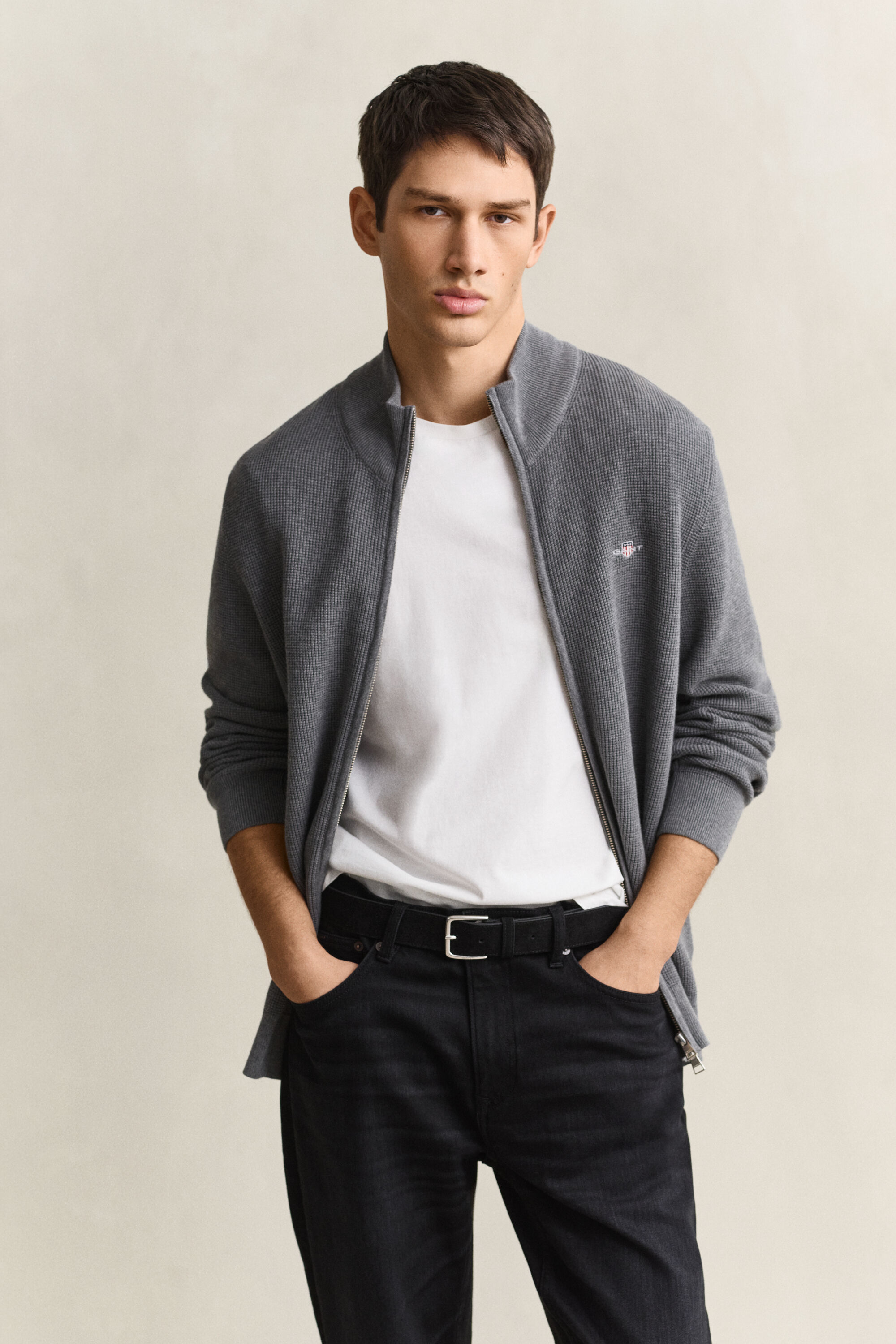 Textured Cotton Zip Cardigan
