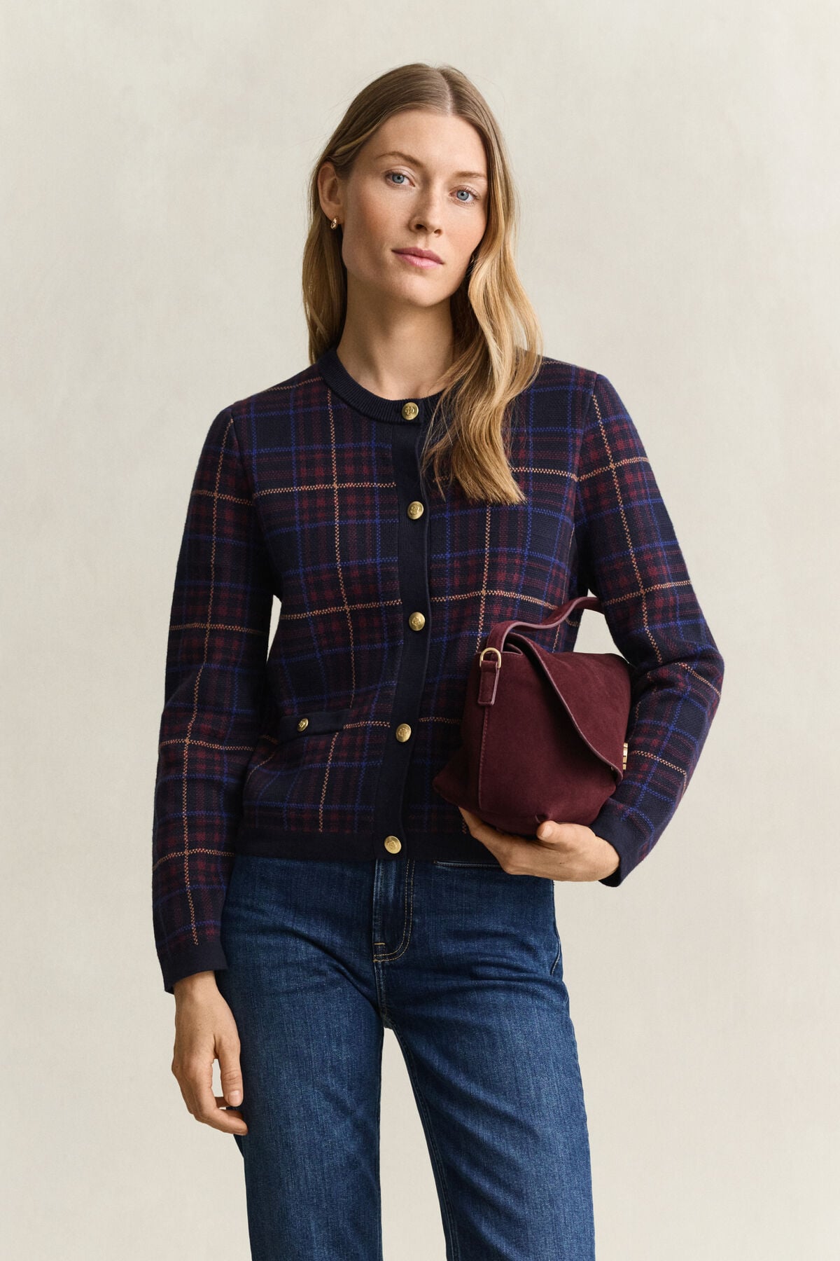 Knitted Check Cardigan — EVENING BLUE