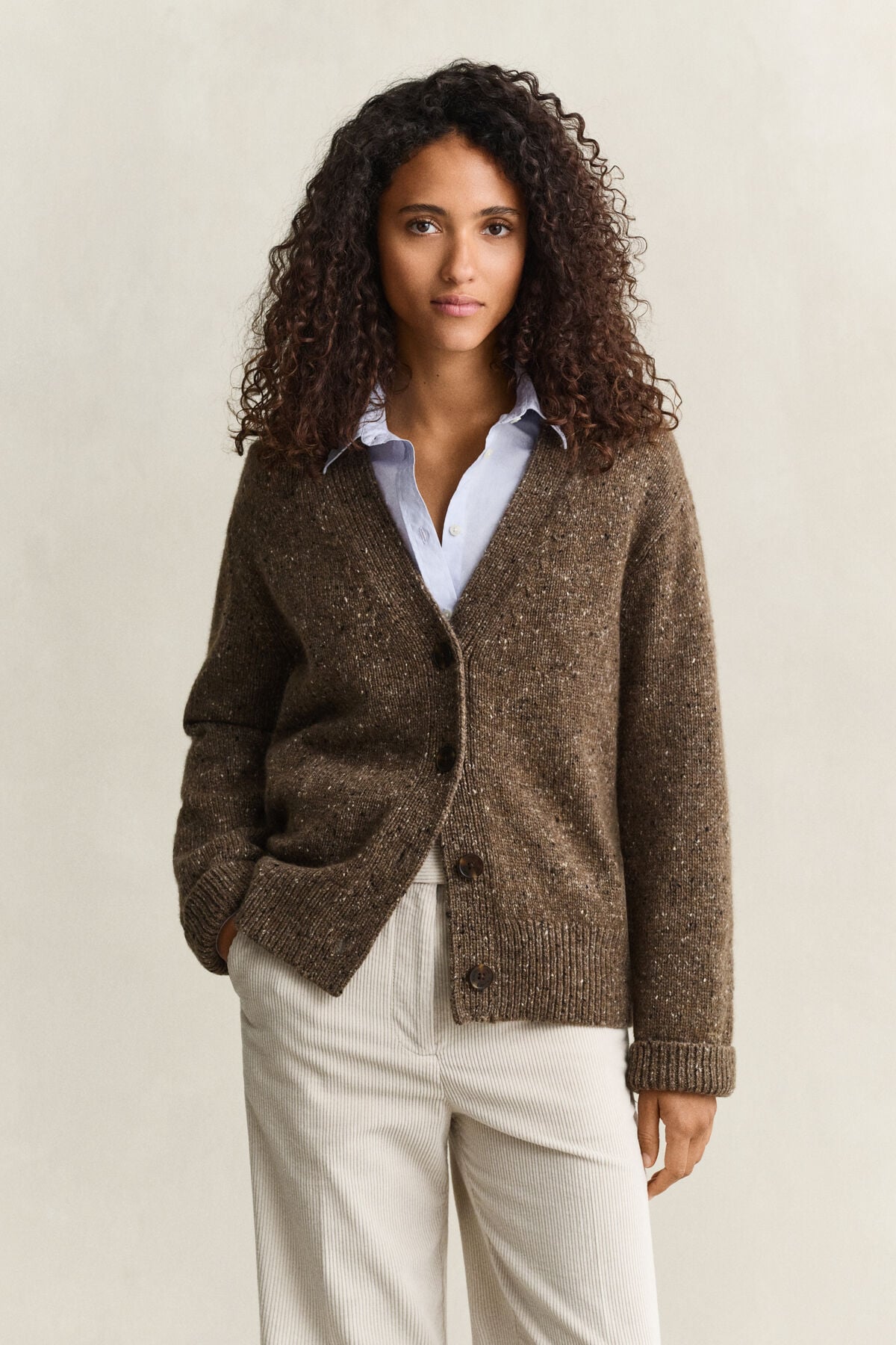 Wool Blend Nepps Cardigan — CARAMEL BROWN