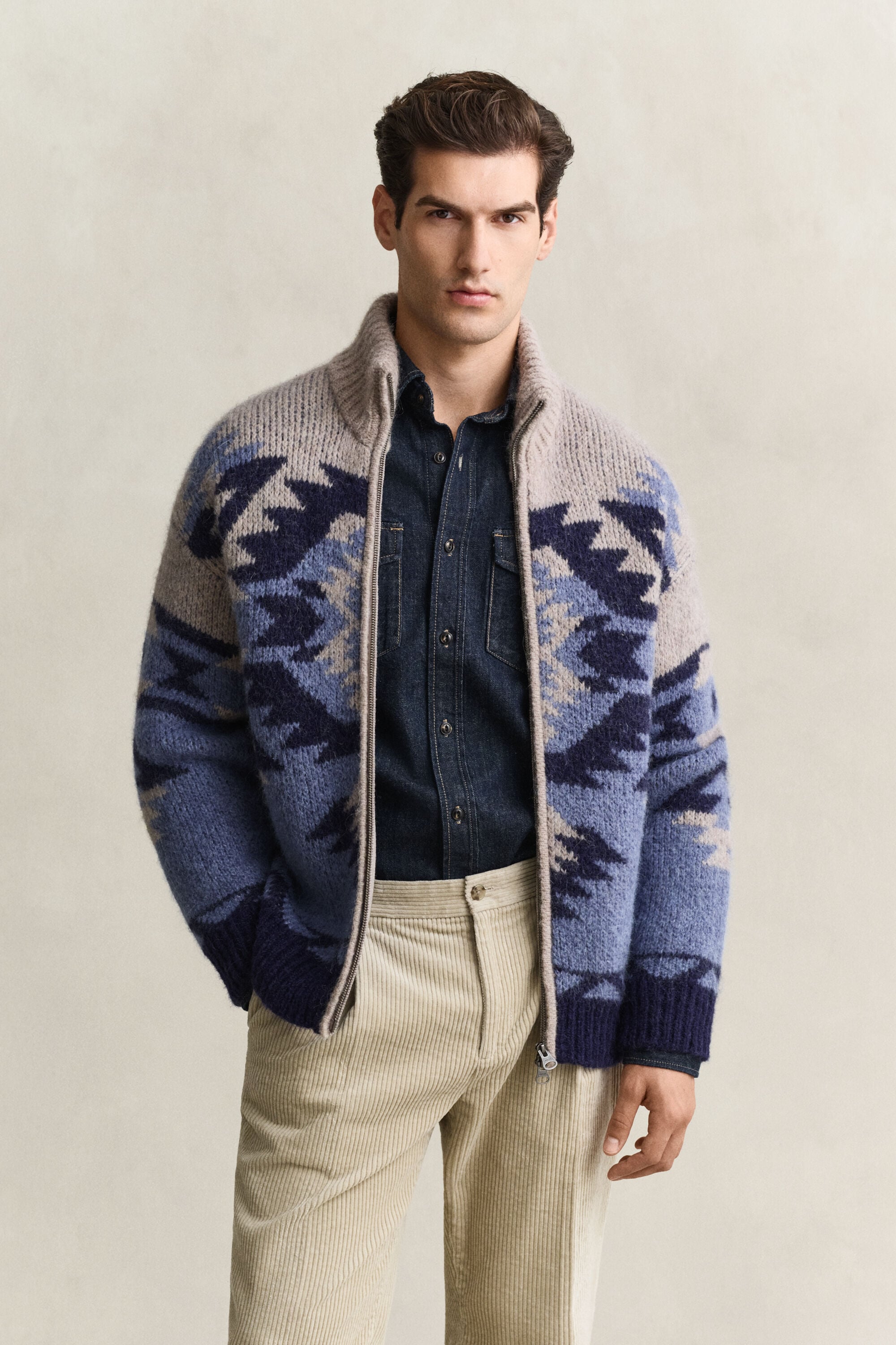 Alpaca Wool Blend Jacquard Zip Cardigan